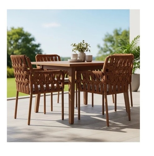4 Seater Brown Braided Rope Outdoor Table Chair Set