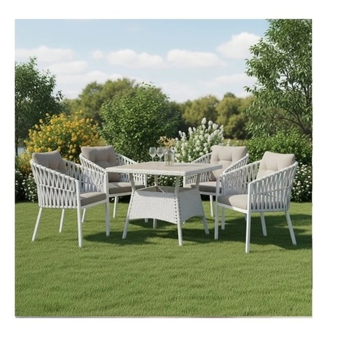 4 Seater White Braided Rope Outdoor Table Chair Set