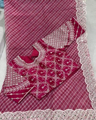 Rani Lucknowi Organza Saree - Organza, Standard Size, Red | Comfortable, Skin Friendly, Partywear