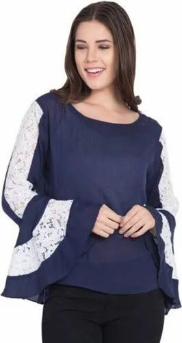 Ladies Blue Round Neck Cotton Top