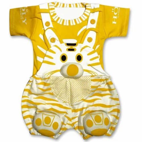 Yellow Cotton Printed Kids Dungaree - Size S, Yellow & White, Round Neck | Breathable, Anti UV, Quick Dry, Comfortable Fit