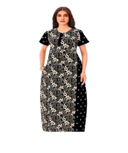 Black Ladies Cotton Nighty - Free Size, Multicolor Printed | Anti-Wrinkle, Easily Washable, Relaxed Fit
