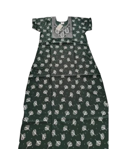 Dark Green Ladies Cotton Nighty - Half Sleeve, Free Size, Multicolor Printed | Anti-Wrinkle, Easily Washable