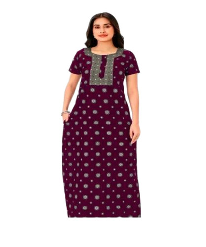 Maroon Ladies Cotton Nighty - Free Size, Multicolor Printed, Short Sleeve | Anti-Wrinkle, Easily Washable