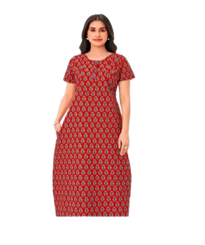 Red Ladies Cotton Nighty - Free Size, Multicolor Printed, Short Sleeves | Anti-Wrinkle, Easily Washable