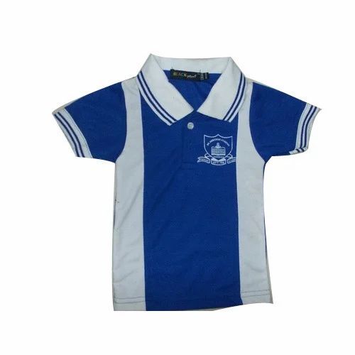 School Uniform T Shirt - Cotton, Size M, Blue & White, V Neck | Anti UV, Breathable, Quick Dry, Printed Logo, Comfortable Fit