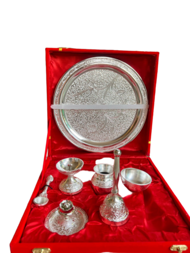 German Silver Pooja Thali Set 7 Pcs With Velvet Gift Box - Occasion: Diwali