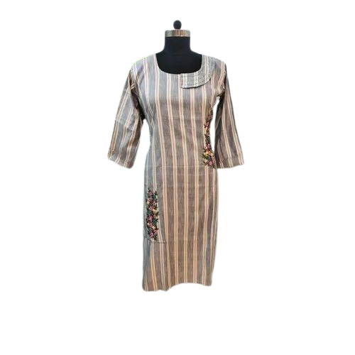 Ladies Grey Stripped Embroidered Cotton Kurti