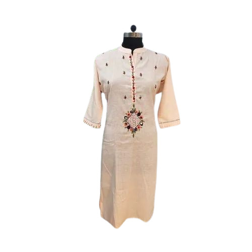 Ladies Light Peach Embroidered Cotton Kurti
