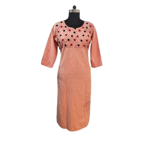 Ladies Peach Cotton Embroidered Kurti
