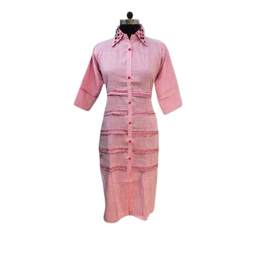 Ladies Pink Collar Neck Embroidered Cotton Kurti - Size L, 3/4th Sleeves, Light Weight, Breathable, Machine Washable