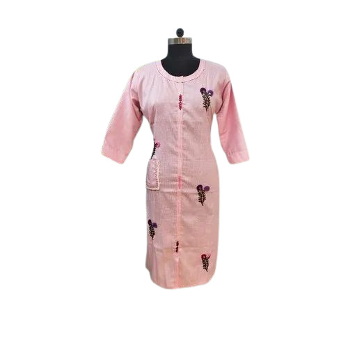 Ladies Pink Cotton Thread Work Kurti