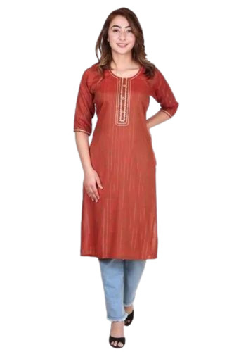 Ladies Red Round Neck Cotton Kurti