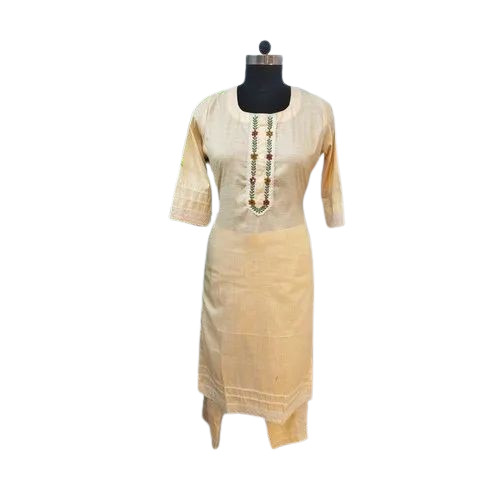 Ladies Stitched Cream Cotton Kurti Pant Set