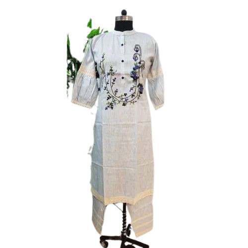 Ladies Thread Work Cotton Kurti Pant Set