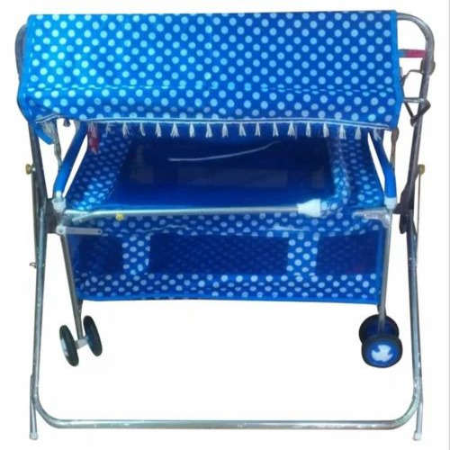 Newly Born Blue Printed Baby Swing - Mild Steel, Blue Base, 8 Wheels | Plastic Material, Custom Size, Baby Use
