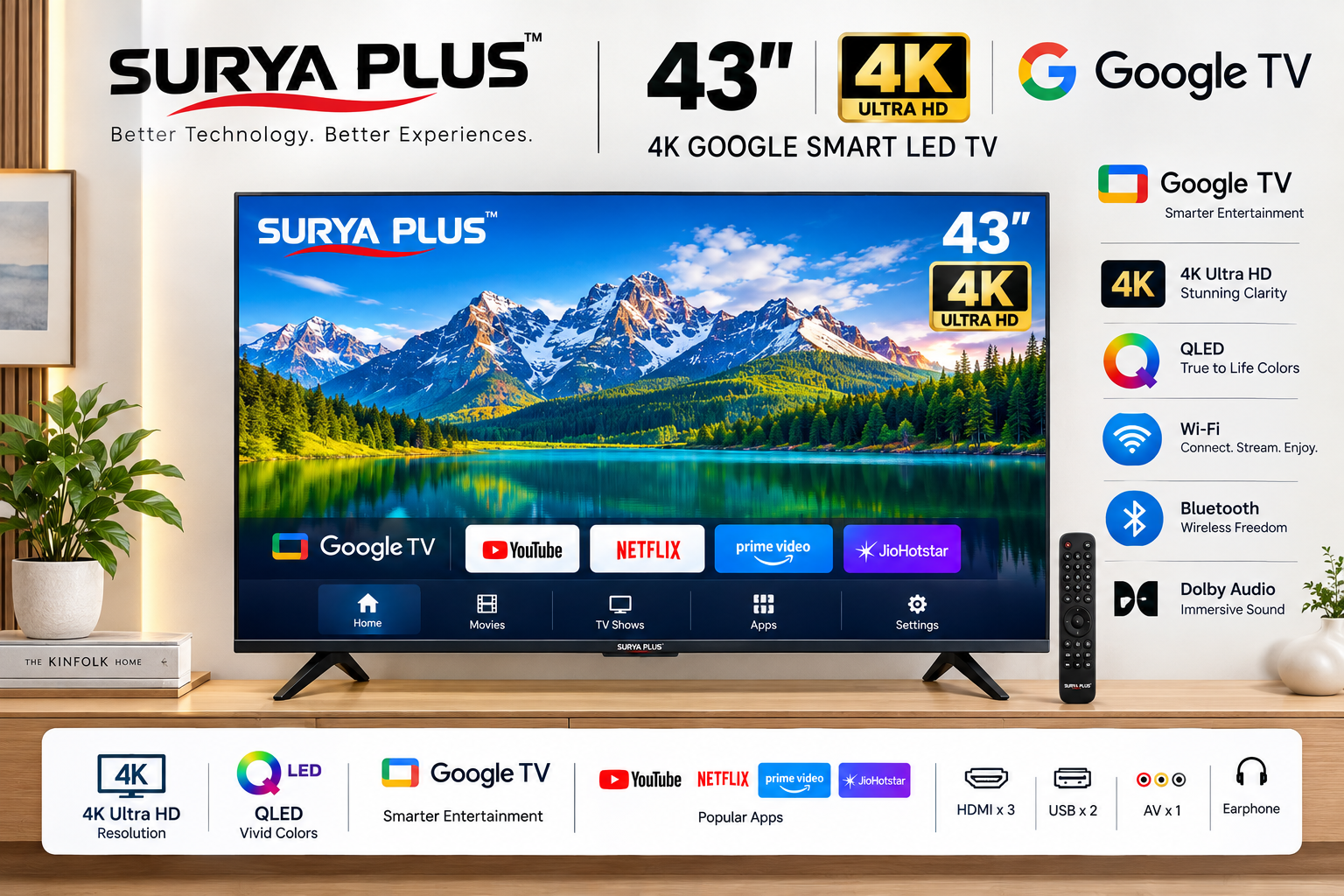 Surya Plus 43 Inch 4K Google Smart Led Tv - Wide Screen Support: Yes
