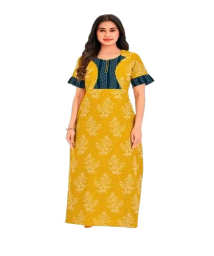 Cotton Ladies Nighty - Half Sleeve, Round Neck, Multicolor | Printed, Comfortable, Dry Clean Care