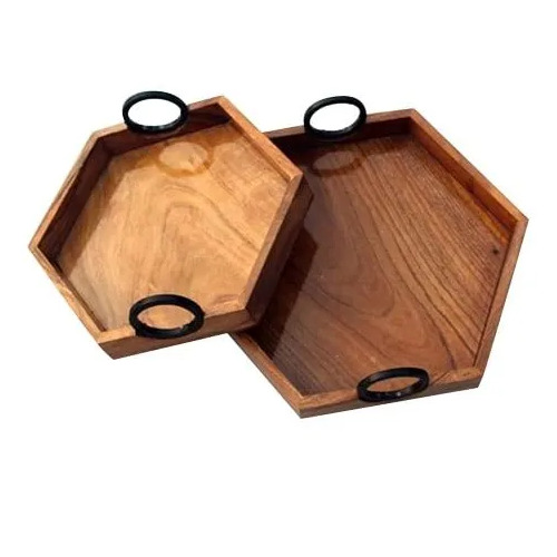 Plain Polished Hexagon Wooden Serving Tray - Color: Brown