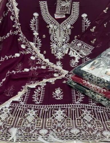 Designer Maroon Semi Stitched Suit