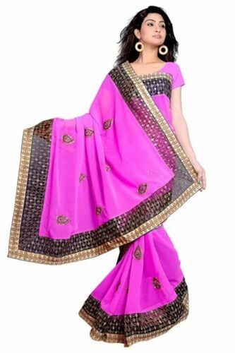 Ladies Beautiful Chiffon Saree - 6.3 Meter Pink, Embroidered | Elegant Design, Comfortable Fit, Party Wear