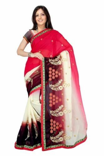 Ladies Embroidered Floral Border Chiffon Saree