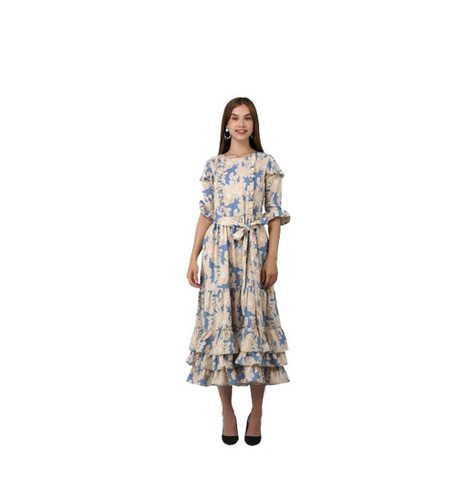 Ladies Western Dresses - Crepe Fabric, S to XXXL, Off White & Blue, Breathable, Washable, Quick Dry, Anti Wrinkle, Printed Pattern