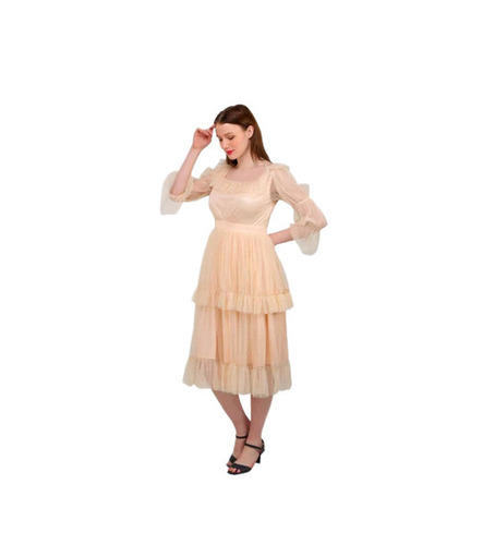 Nylon Western Dresses - Regular Fit, Long Length, Beige, Machine Stitched | Breathable, Quick Dry, Anti Wrinkle, Printed Pattern