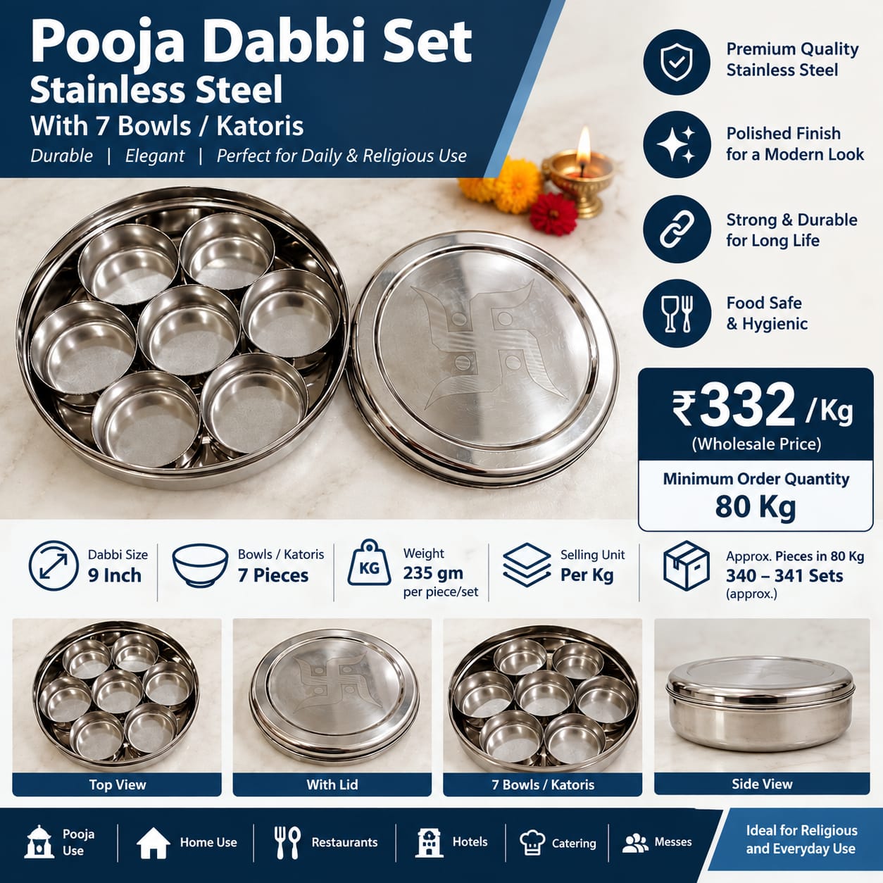 Ss Pooja Dabbi Set - Color: Steel