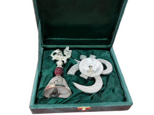 German Silver Om Diya with Nandi Bell Gift Set with Velvet Box