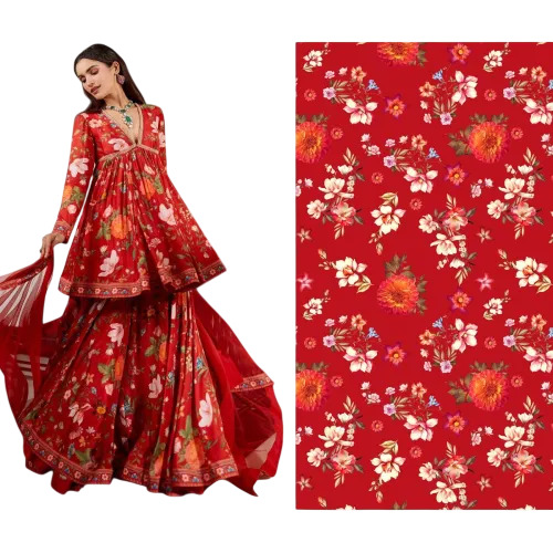 Ladies Red Printed Muslin Gown Fabric