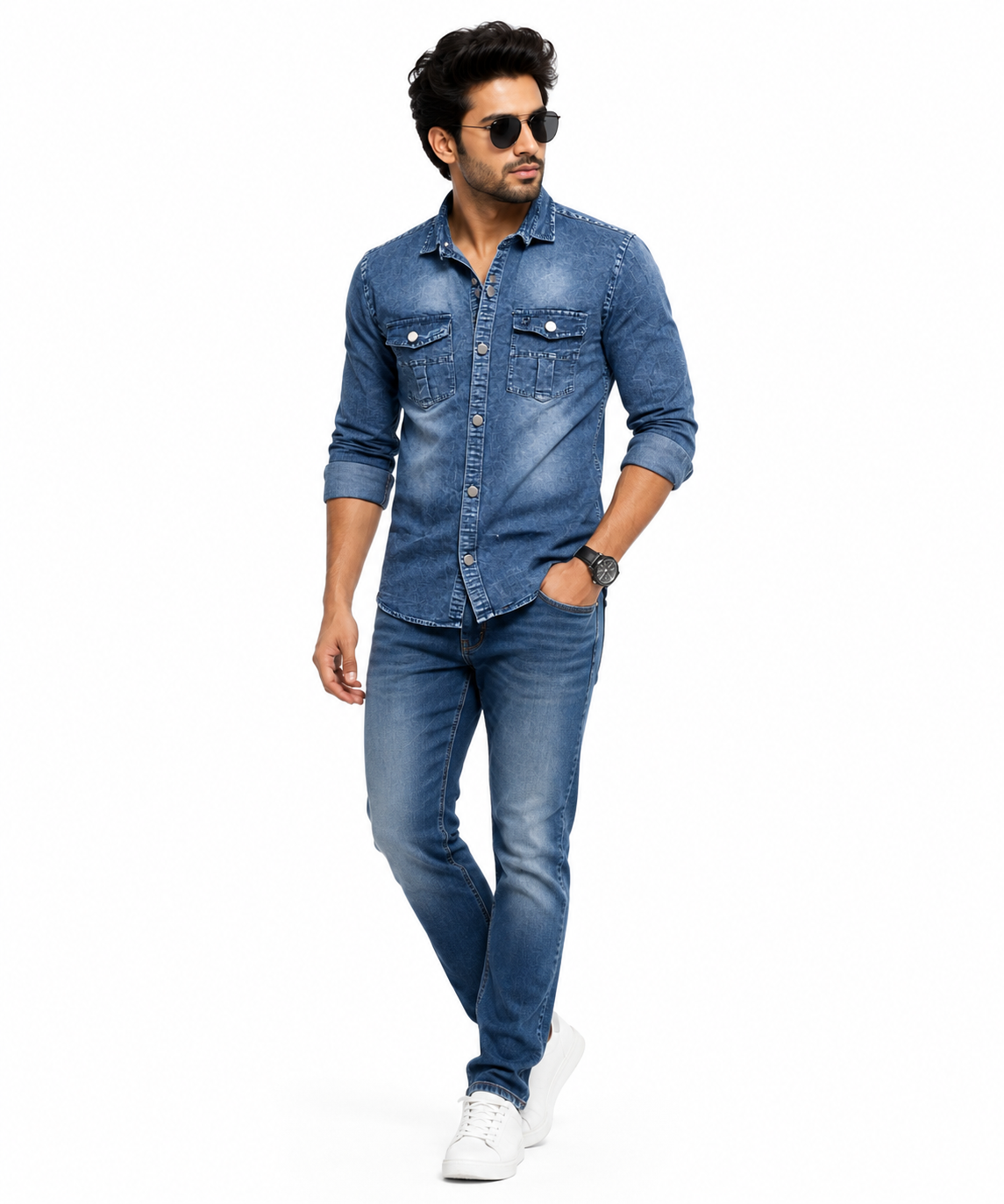 Mens Cotton Full Sleeve Jeans Shirt - Collar Style: Spread