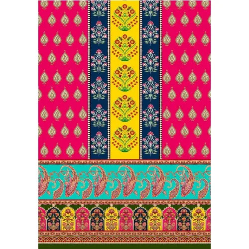Regal Garden Stripe Paisley Border Printed Cotton Fabric - 1 Meter, Multicolor | Soft, Breathable, Floral Boota & Paisley Motif