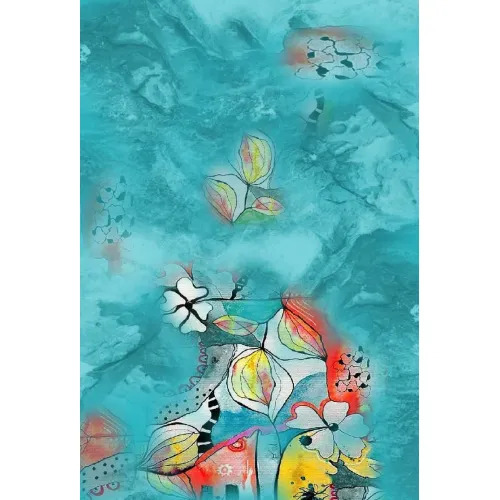 Watercolor Floral Digital Print Muslin Fabric In Aqua Blue