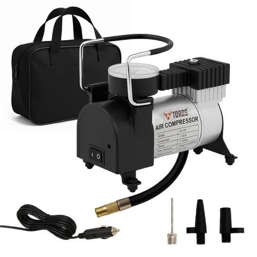 Classic Tyre Inflator For Car - Metal Housing, Standard Size, Black, Battery Powered, 100 Psi, Analog Display, 30 Lpm Airflow, 2m Cord