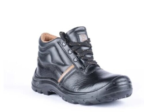 High Ankle Leather Safety Shoes - Leather, Various Sizes, Black, Steel Toe | PU Outsole, Low Heel, Lightweight, Anti Skid