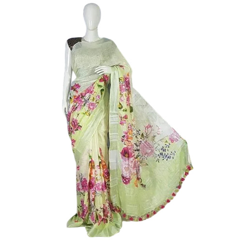 Ladies Light Green Printed Linen Saree
