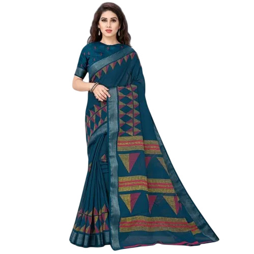 Linen Turquoise Printed Saree