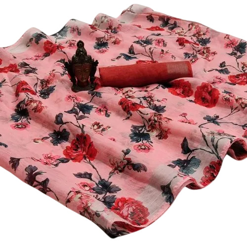 Pink Printed Linen Saree - Linen, 6.5 Meter, Pink Base | Party Wear, Printed, Summer, With Blouse Piece