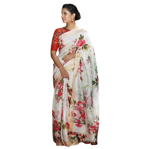 White Printed Linen Saree