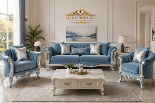 4 Seater Dusty Blue Teak Wood Sofa Set - Usage: Living Room
