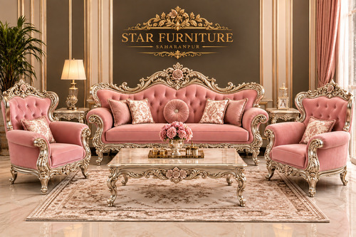 5 Seater Pink Teak Wood Sofa Set - Assembly: No Assembly Required