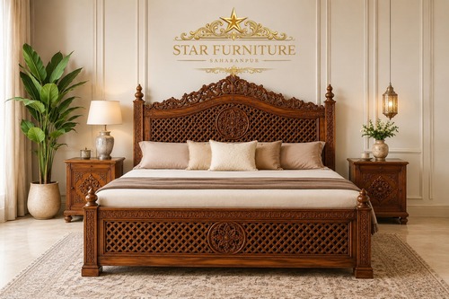 Traditional Carved Wooden King Size Bed Handcrafted Wooden Bed With Storage Design - Assembly: No Assembly Required