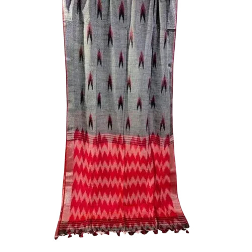 Gray & Red Printed Pure Cotton Ikat Saree