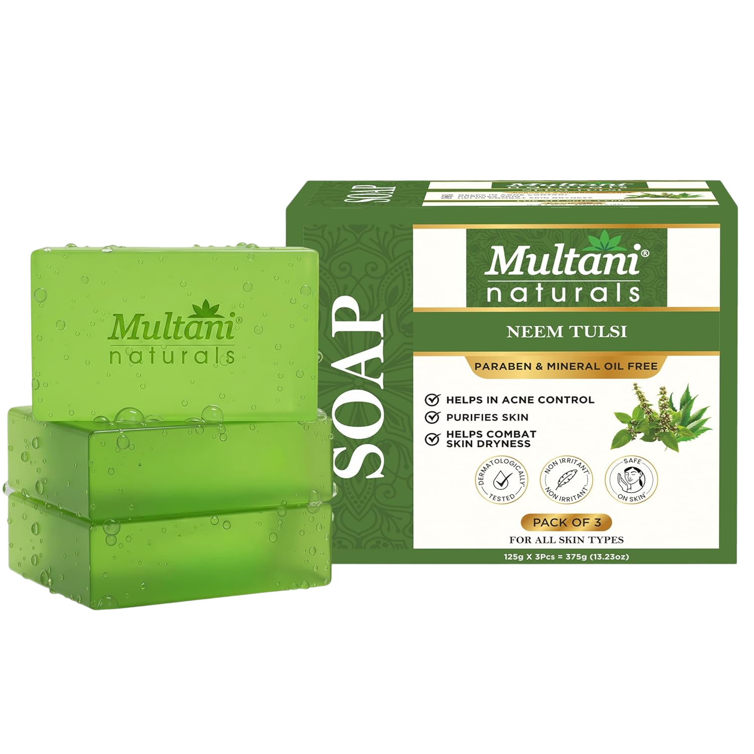 Multani Naturals Neem Tulsi Soap (3U X 125Gms) - Color: Green