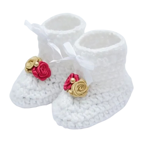 White Two Flower Crochet Baby Booties