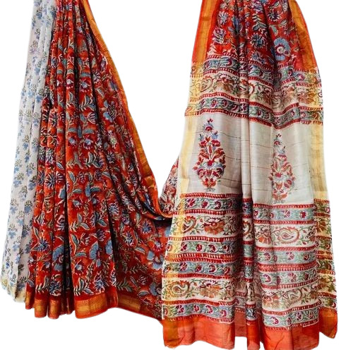 Ajrakh Hand Block Printed Maheshwari Silk Saree - Color: Multi Color