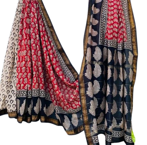 Bagru Hand Block Print Maheshwari Silk Saree - Color: Multi Color