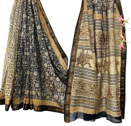 Ethnic Hand Block Printed Maheshwari Silk Saree - Color: Multi Color