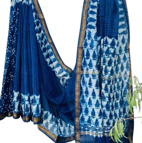 Hand Block Printed Maheshwari Silk Indigo Printed Saree - Design: Standard